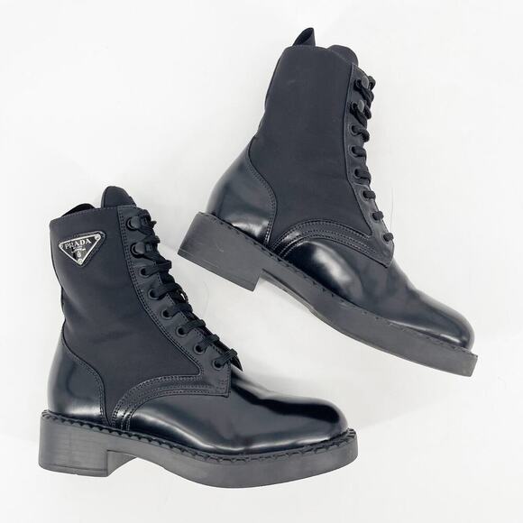 Prada Black Spazzolato Re-Nylon Metal Triangle Logo Combat Ankle Boot size IT 36 - Picture 4 of 14